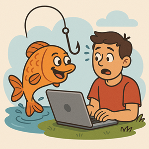 Cartoon of a man on a laptop being hooked by a phish/fish.
